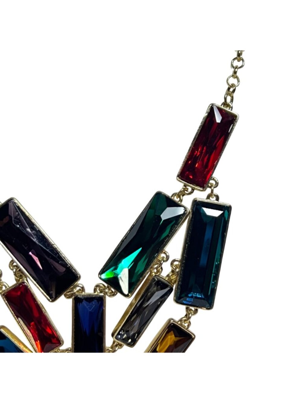 Gold Tone And Multicolored Rectangle Crystal Bib Necklace (6378) - Picture 4 of 7